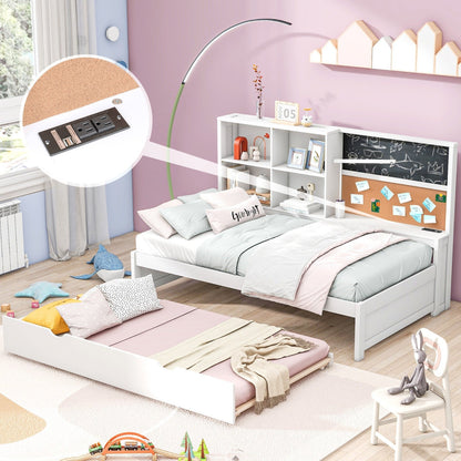 Twin Size Daybed with Storage Shelves, Blackboard, Cork board, USB Ports and Twin Size Trundle