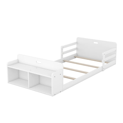 Twin Size Floor Bed with Storage Footboard and Guardrail