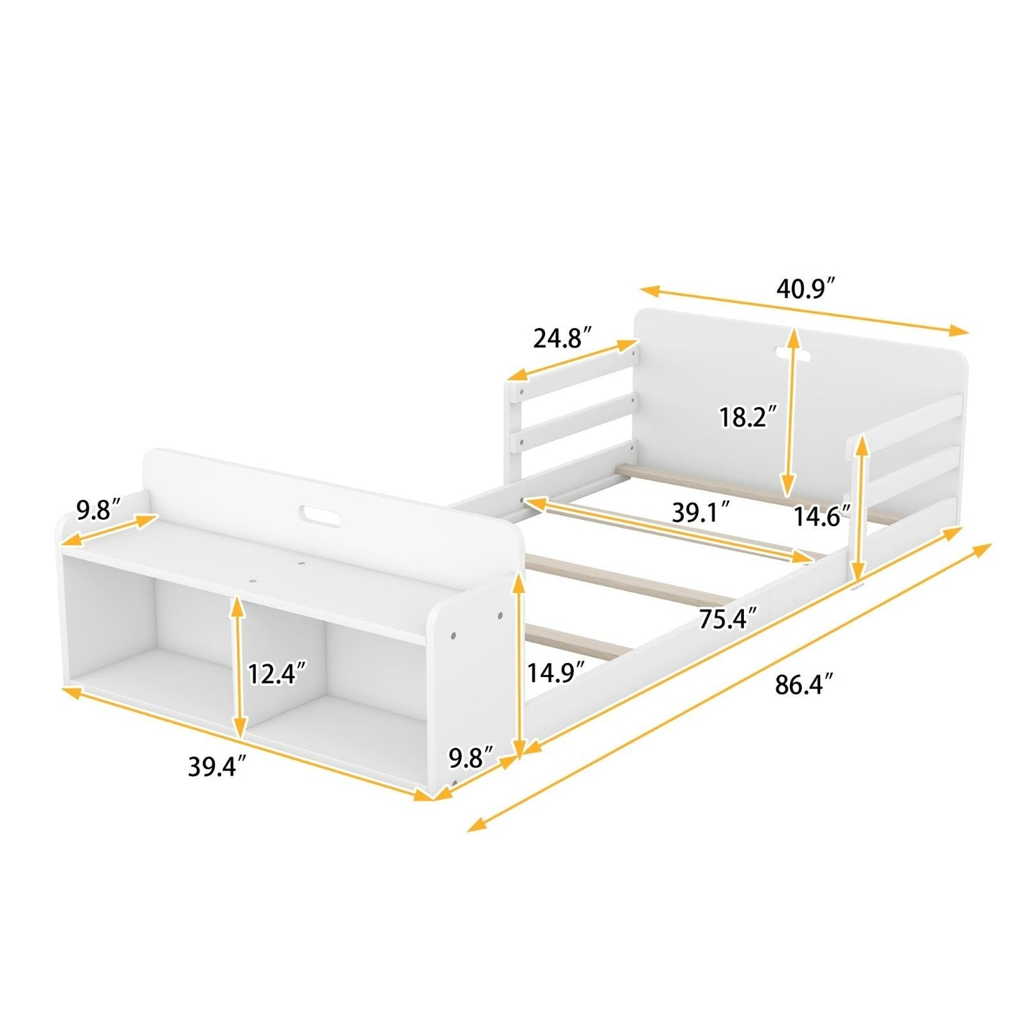 Twin Size Floor Bed with Storage Footboard and Guardrail