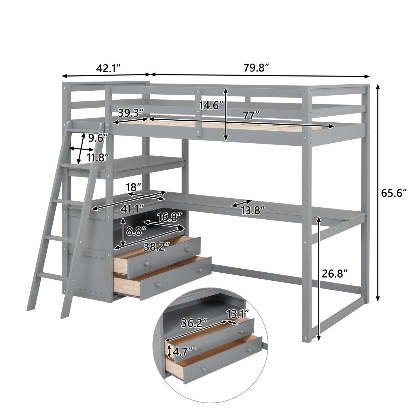 Twin-Size Loft Bed with Desk and Shelves, Two Built-in Drawers