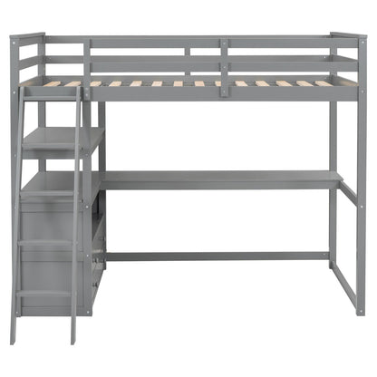 Twin-Size Loft Bed with Desk and Shelves, Two Built-in Drawers