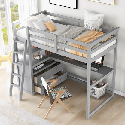 Twin Size Loft Bed with Desk and Shelves, Two Built-in Drawers