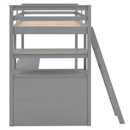 Twin-Size Loft Bed with Desk and Shelves, Two Built-in Drawers