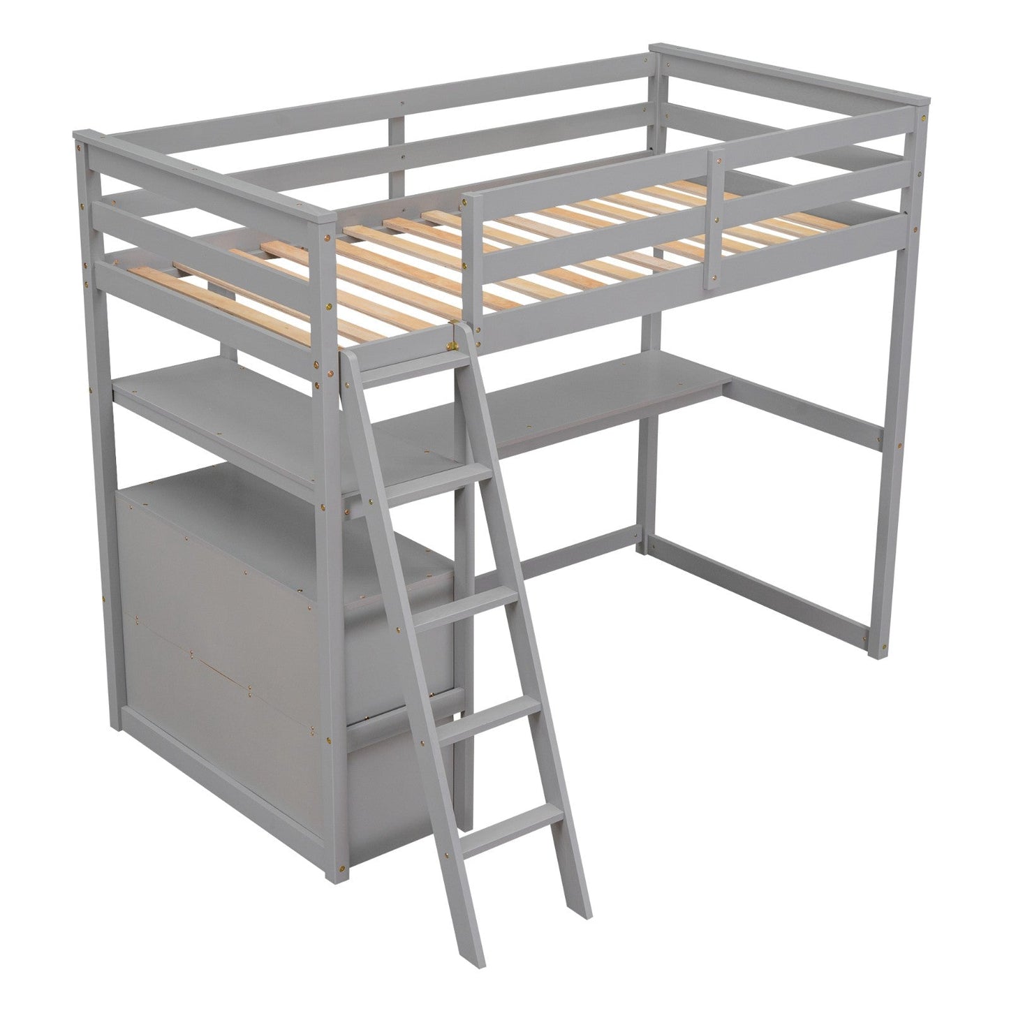 Twin Size Loft Bed with Desk and Shelves, Two Built-in Drawers