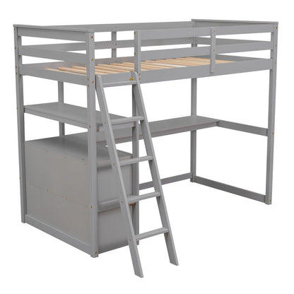 Twin Size Loft Bed with Desk and Shelves, Two Built-in Drawers