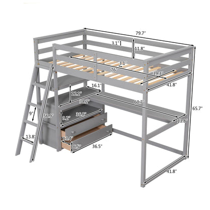 Twin Size Loft Bed with Desk and Shelves, Two Built-in Drawers