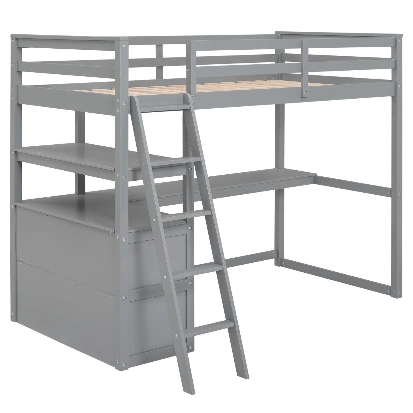 Twin-Size Loft Bed with Desk and Shelves, Two Built-in Drawers