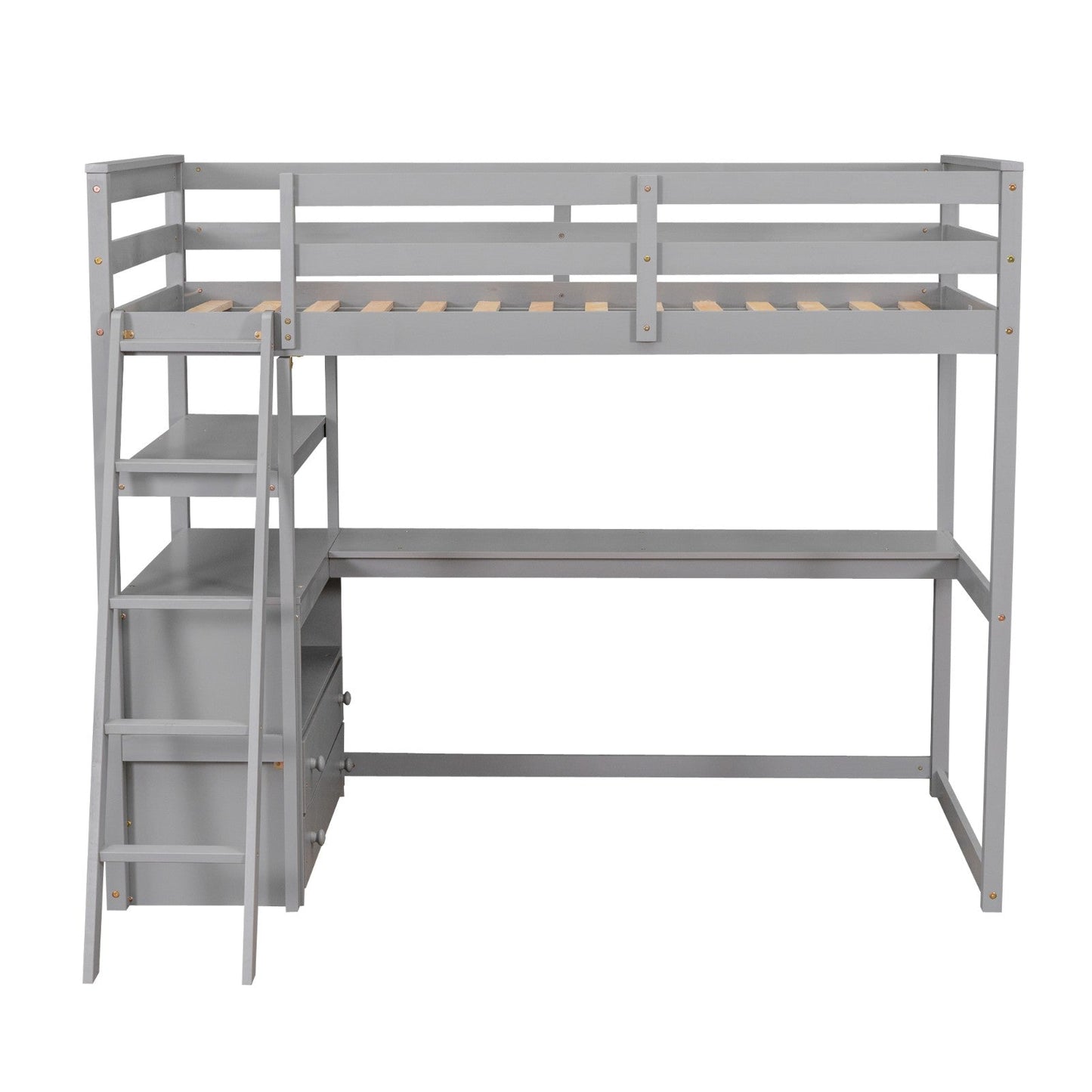 Twin Size Loft Bed with Desk and Shelves, Two Built-in Drawers