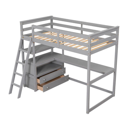 Twin Size Loft Bed with Desk and Shelves, Two Built-in Drawers