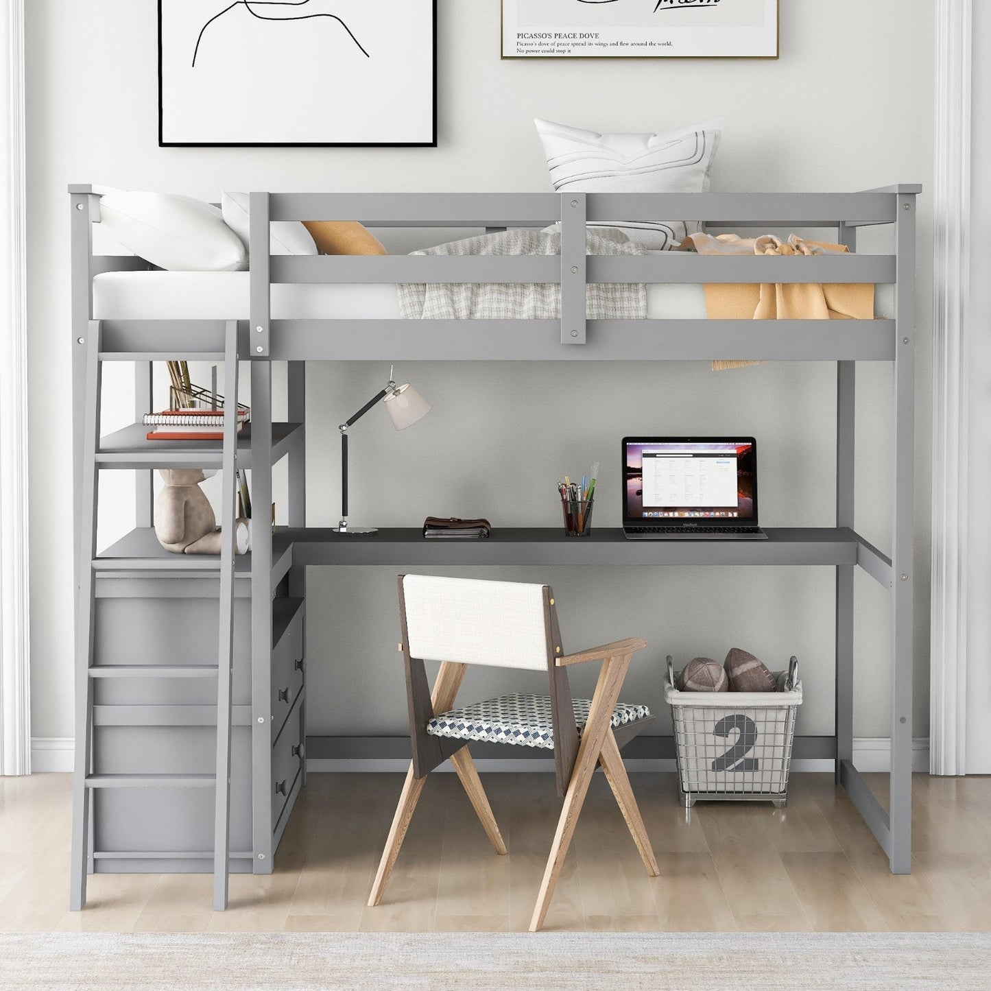 Twin Size Loft Bed with Desk and Shelves, Two Built-in Drawers