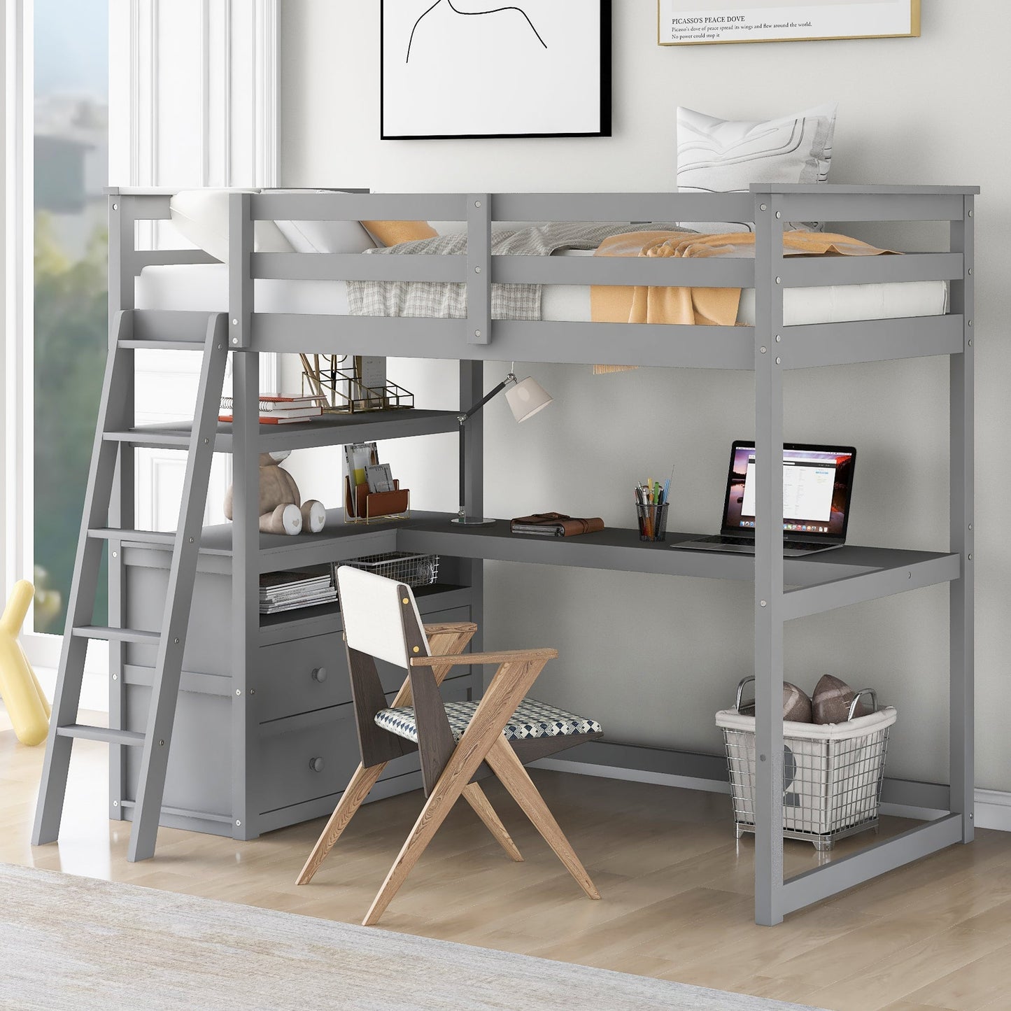 Twin Size Loft Bed with Desk and Shelves, Two Built-in Drawers