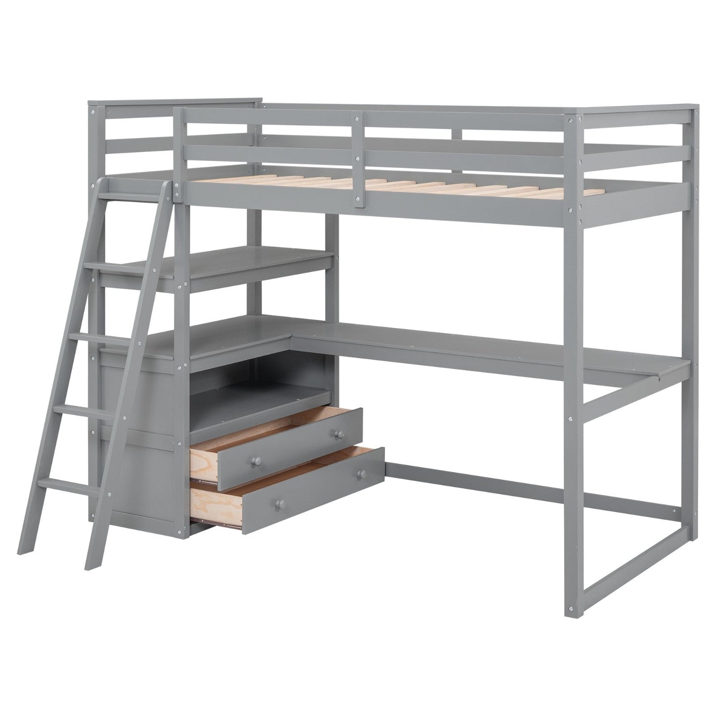 Twin-Size Loft Bed with Desk and Shelves, Two Built-in Drawers