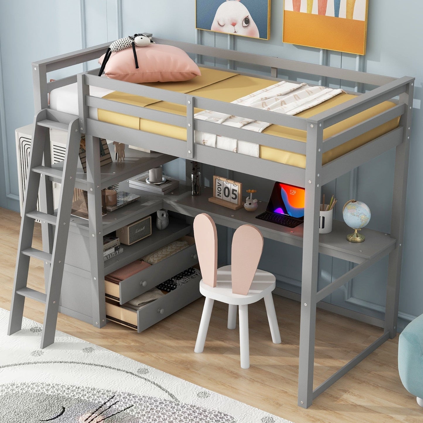 Twin-Size Loft Bed with Desk and Shelves, Two Built-in Drawers