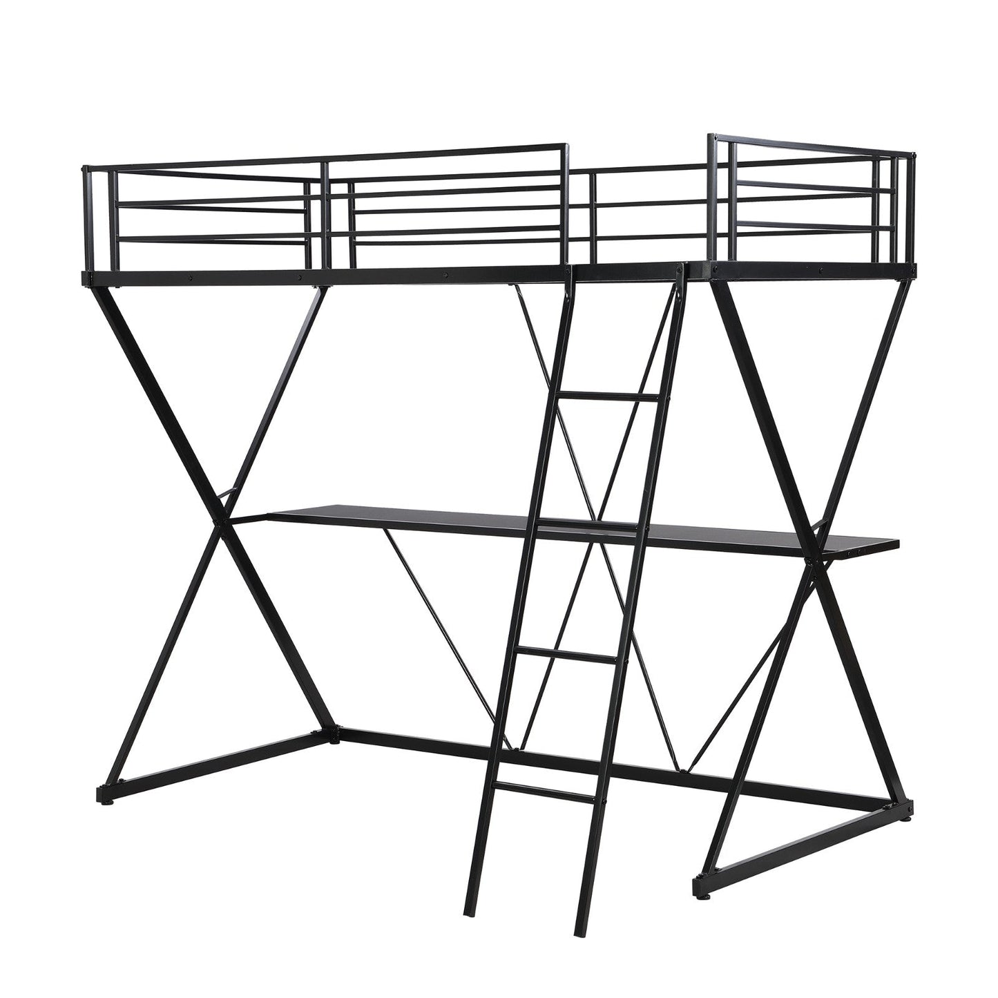 Twin Size Loft Bed with Desk, Ladder, and Full-Length Guardrails, X-Shaped Frame