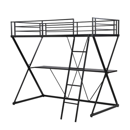 Twin Size Loft Bed with Desk, Ladder, and Full-Length Guardrails, X-Shaped Frame