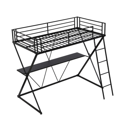 Twin Size Loft Bed with Desk, Ladder, and Full-Length Guardrails, X-Shaped Frame