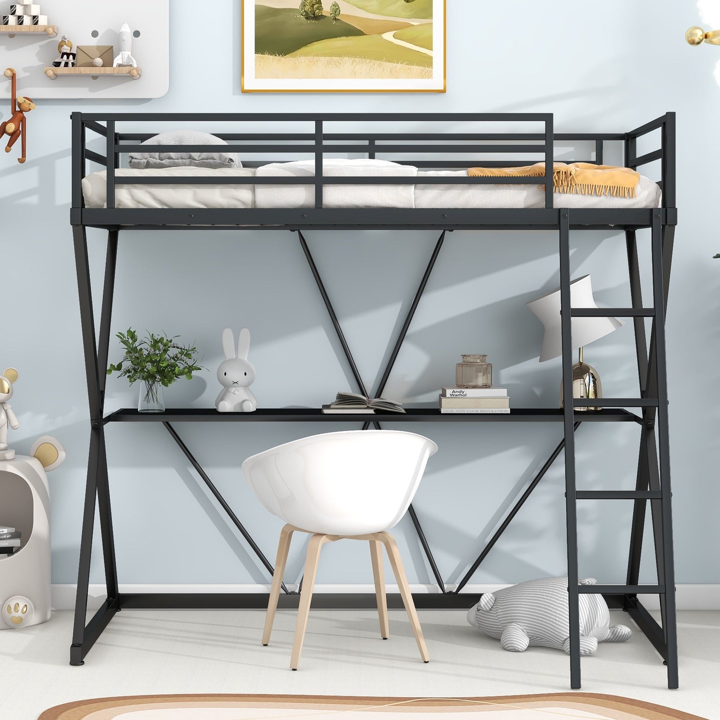 Twin Size Loft Bed with Desk, Ladder, and Full-Length Guardrails, X-Shaped Frame