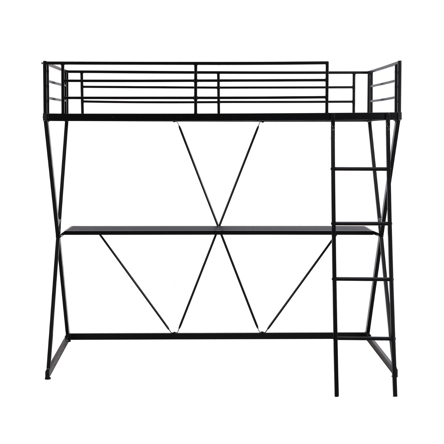 Twin Size Loft Bed with Desk, Ladder, and Full-Length Guardrails, X-Shaped Frame