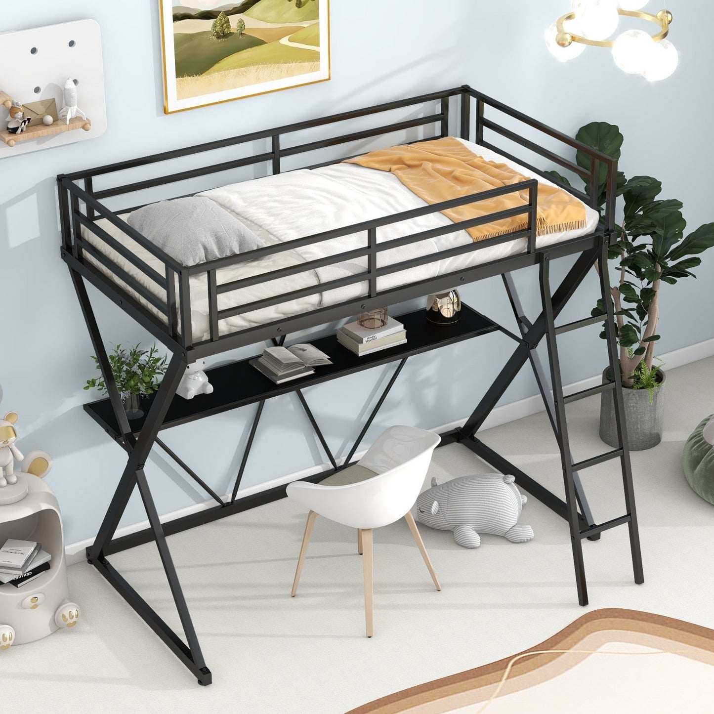 Twin Size Loft Bed with Desk, Ladder, and Full-Length Guardrails, X-Shaped Frame