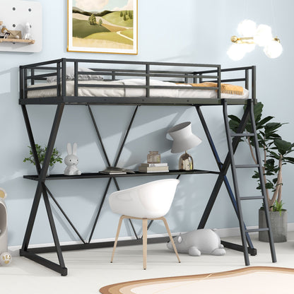 Twin Size Loft Bed with Desk, Ladder, and Full-Length Guardrails, X-Shaped Frame