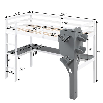 Twin Size Loft Bed with L-shaped Desk,Tree Shape Bookcase and Charging Station