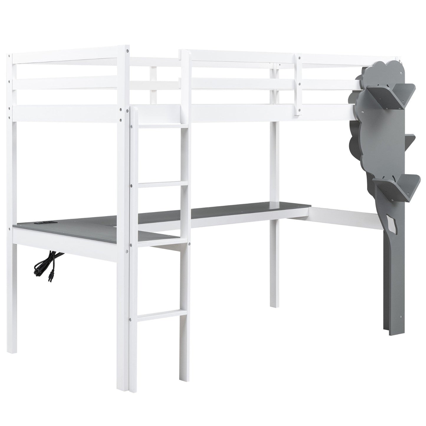 Twin Size Loft Bed with L-shaped Desk,Tree Shape Bookcase and Charging Station