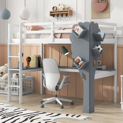 Twin Size Loft Bed with L-shaped Desk,Tree Shape Bookcase and Charging Station