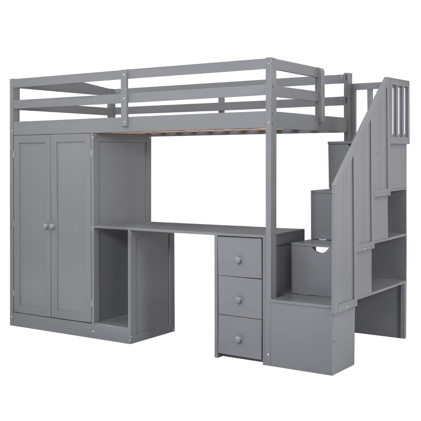 Twin Size Loft Bed with Wardrobe and Staircase Desk and Storage Drawers and Cabinet in 1