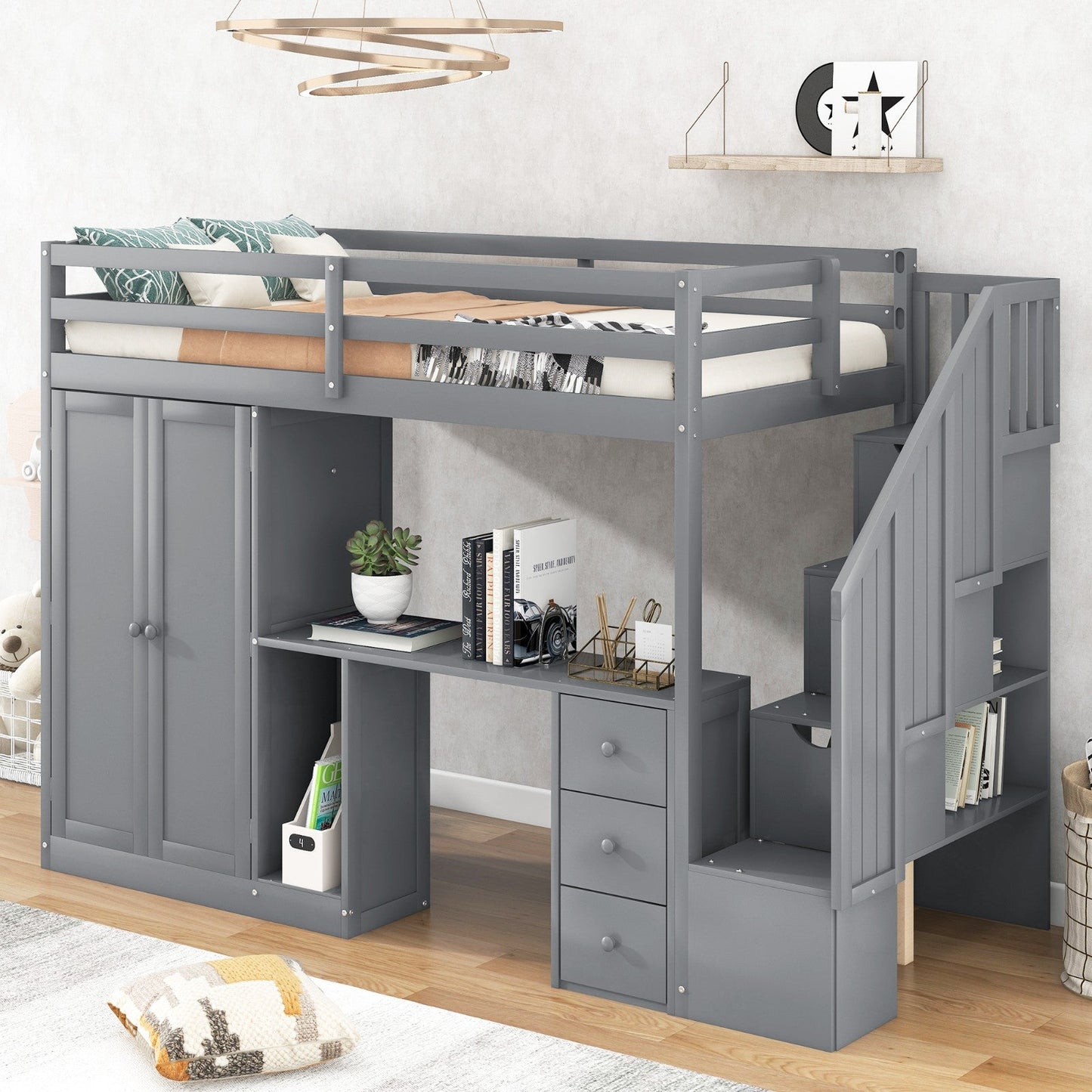 Twin Size Loft Bed with Wardrobe and Staircase Desk and Storage Drawers and Cabinet in 1