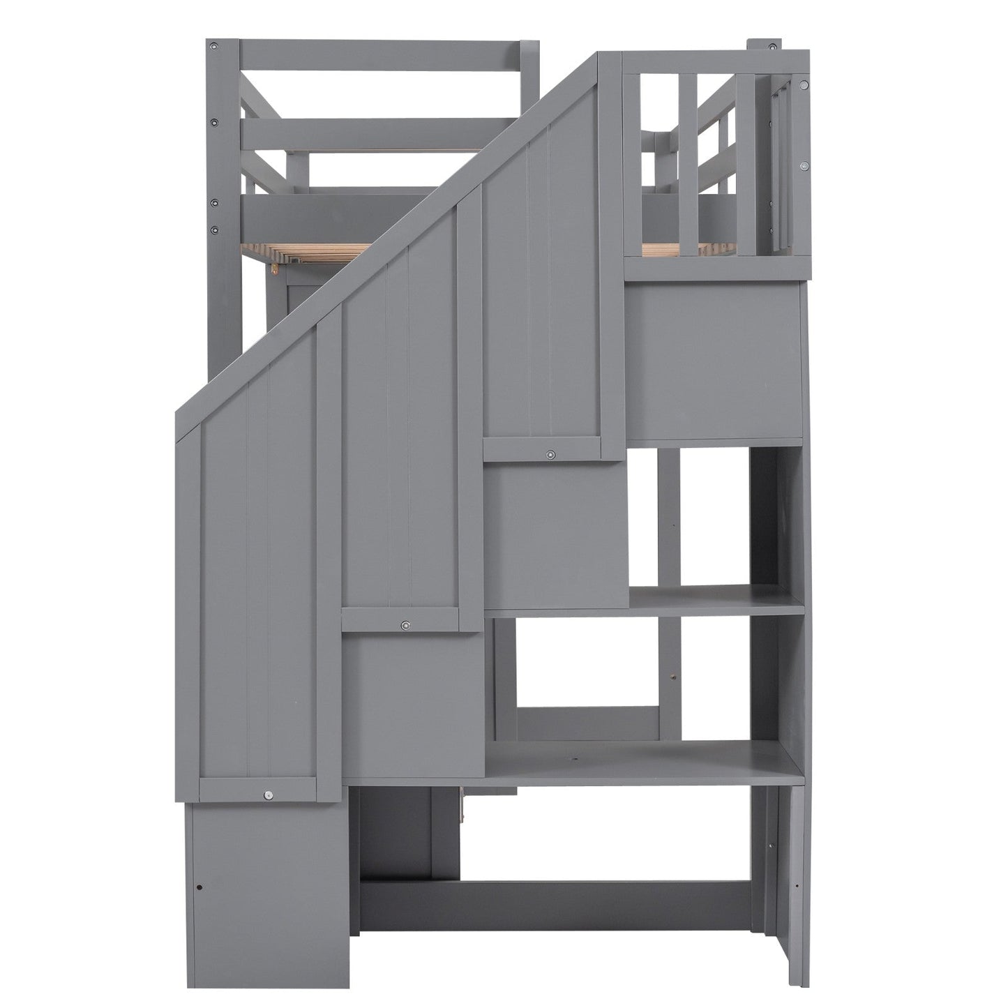 Twin Size Loft Bed with Wardrobe and Staircase Desk and Storage Drawers and Cabinet in 1