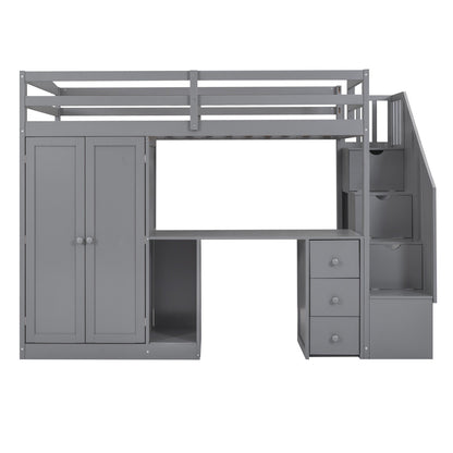 Twin Size Loft Bed with Wardrobe and Staircase Desk and Storage Drawers and Cabinet in 1