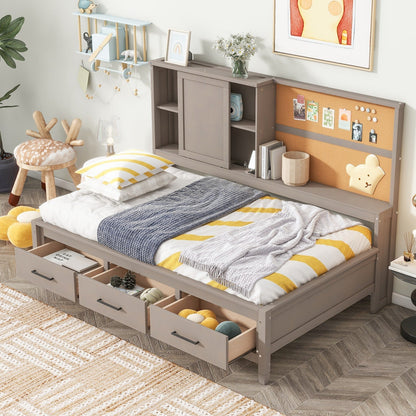 Twin Size Lounge Daybed with Storage Shelves, Cork Board, USB Ports and 3 Drawers