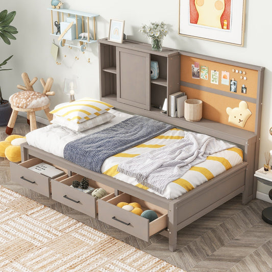 Twin Size Lounge Daybed with Storage Shelves, Cork Board, USB Ports and 3 Drawers