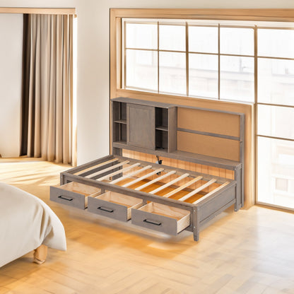 Twin Size Lounge Daybed with Storage Shelves, Cork Board, USB Ports and 3 Drawers