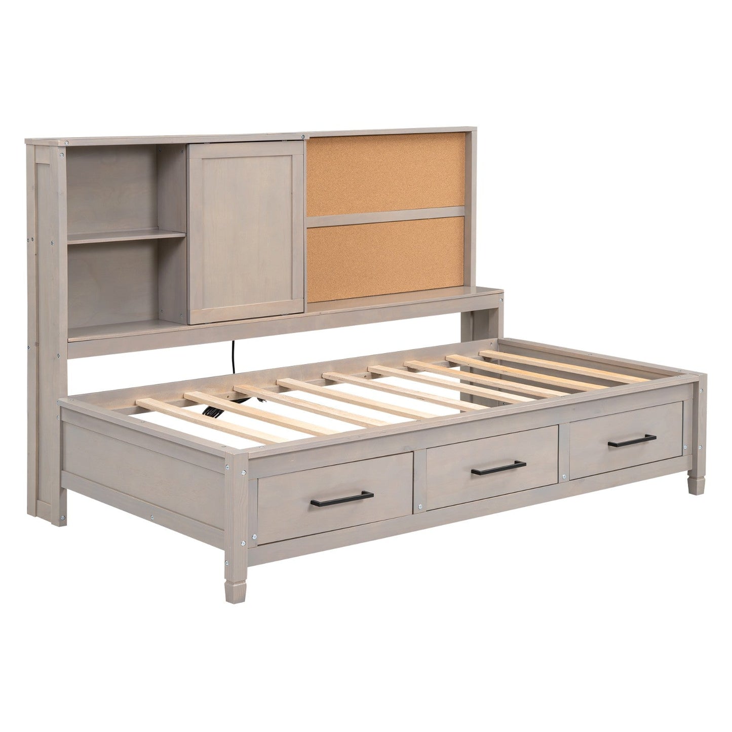 Twin Size Lounge Daybed with Storage Shelves, Cork Board, USB Ports and 3 Drawers