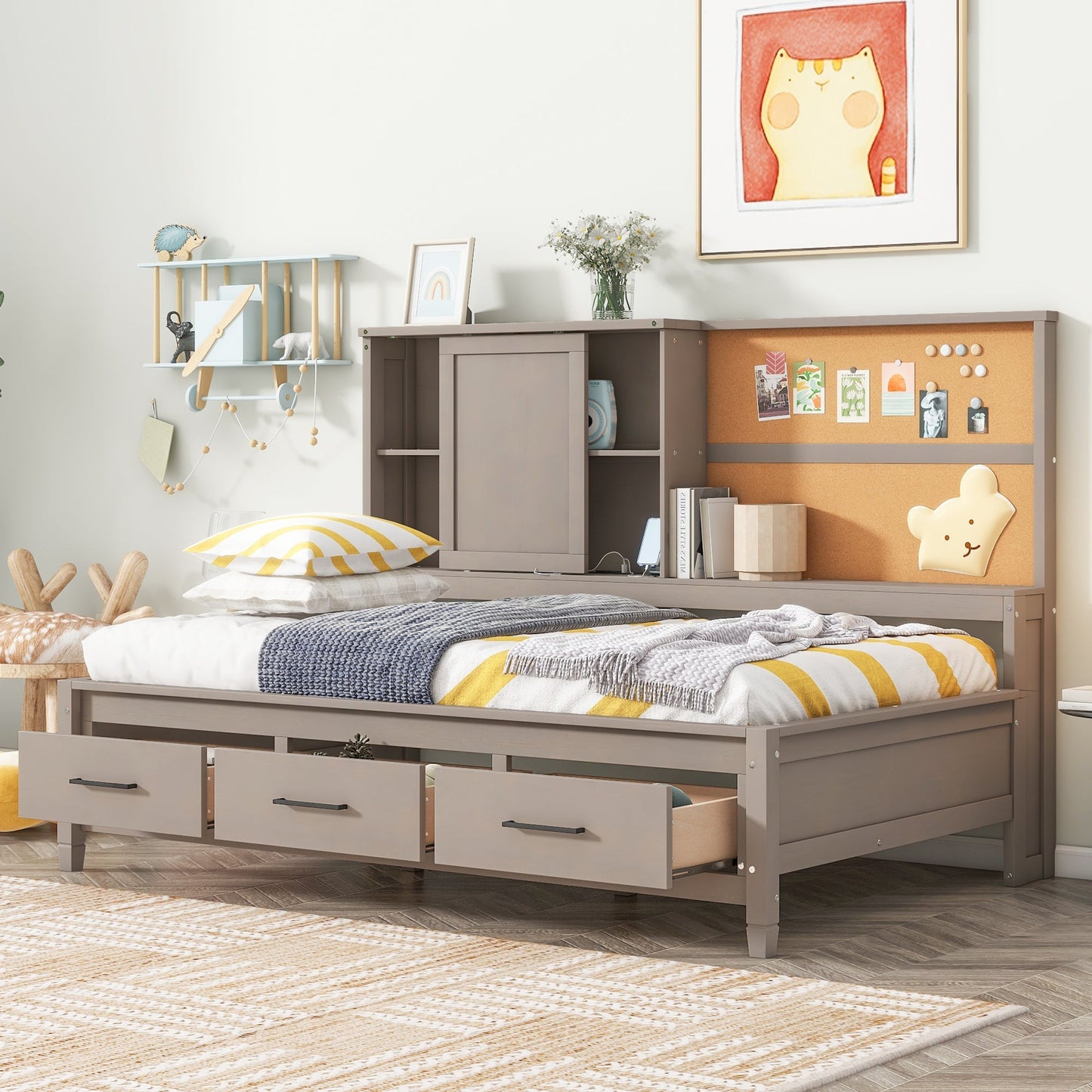Twin Size Lounge Daybed with Storage Shelves, Cork Board, USB Ports and 3 Drawers