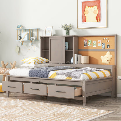 Twin Size Lounge Daybed with Storage Shelves, Cork Board, USB Ports and 3 Drawers