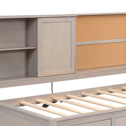 Twin Size Lounge Daybed with Storage Shelves, Cork Board, USB Ports and 3 Drawers