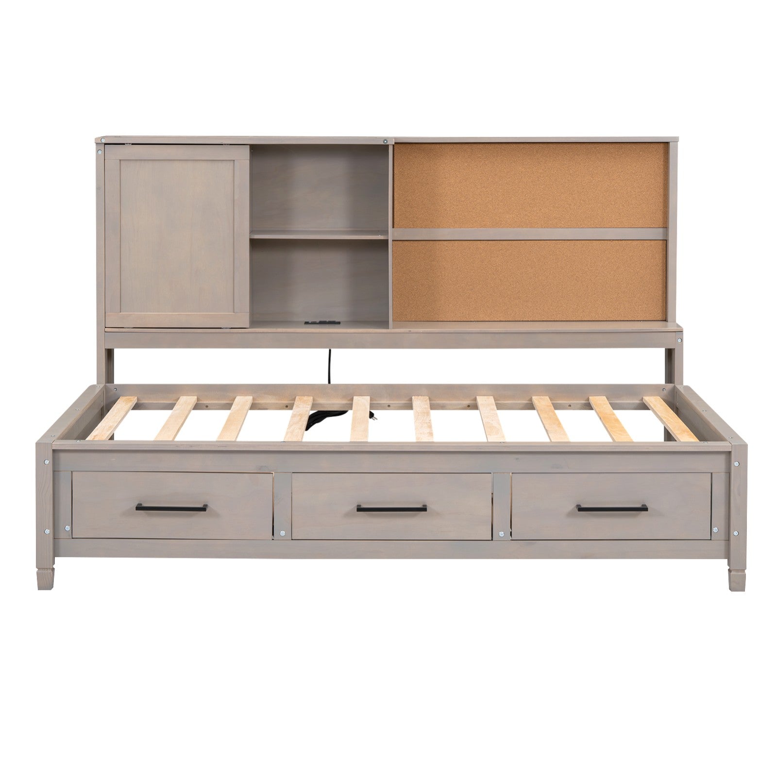 Twin Size Lounge Daybed with Storage Shelves, Cork Board, USB Ports and 3 Drawers - Gear Elevation