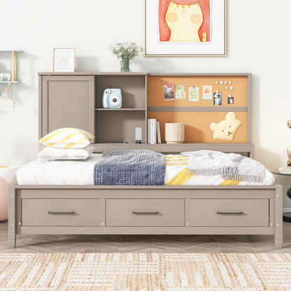 Twin Size Lounge Daybed with Storage Shelves, Cork Board, USB Ports and 3 Drawers