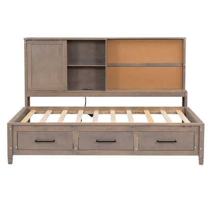 Twin Size Lounge Daybed with Storage Shelves, Cork Board, USB Ports and 3 Drawers - Gear Elevation