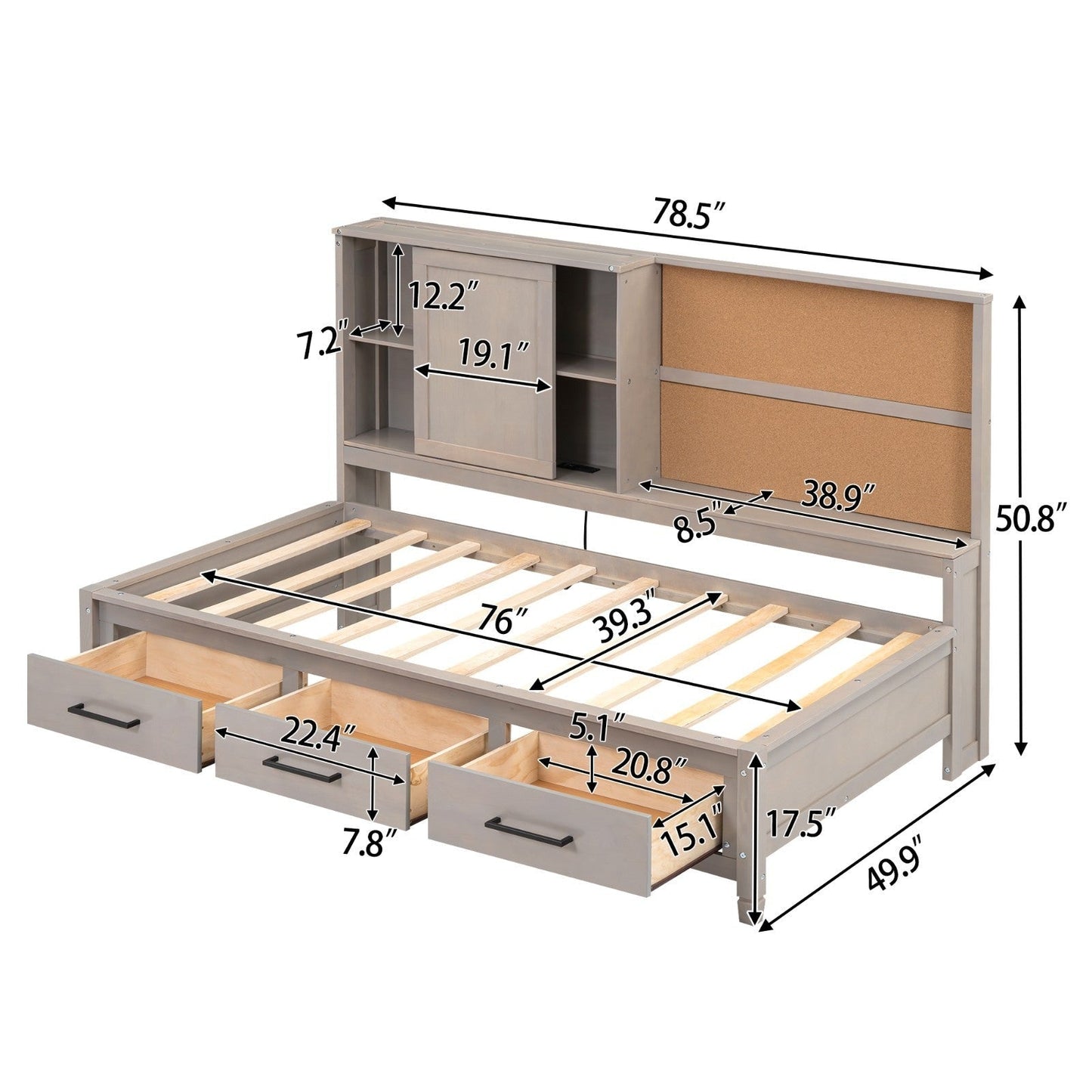 Twin Size Lounge Daybed with Storage Shelves, Cork Board, USB Ports and 3 Drawers
