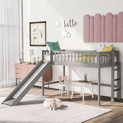 Twin-Size Low Loft Bed with Ladder and Slide