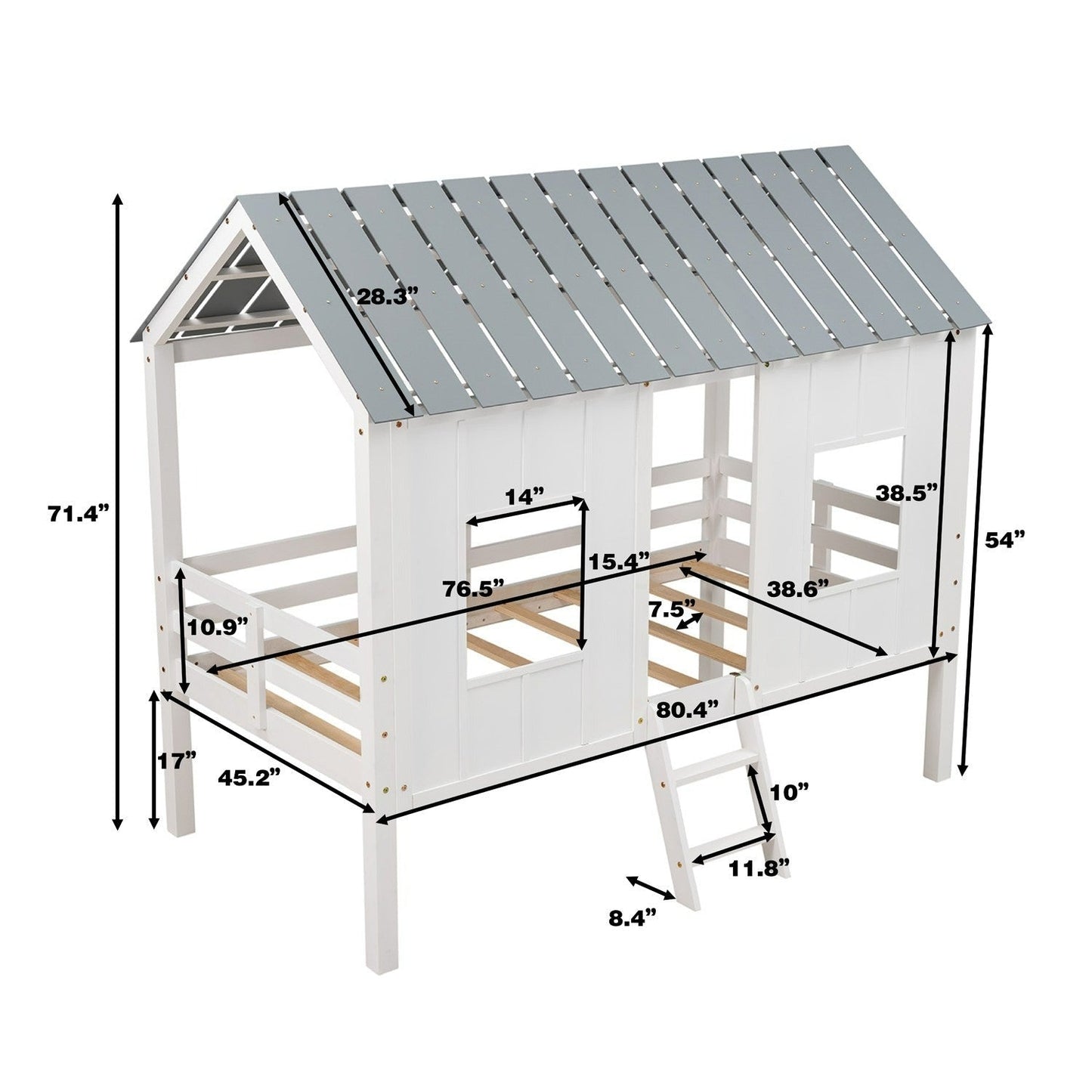 Twin Size Low Loft House Bed with Roof and Two Front Windows