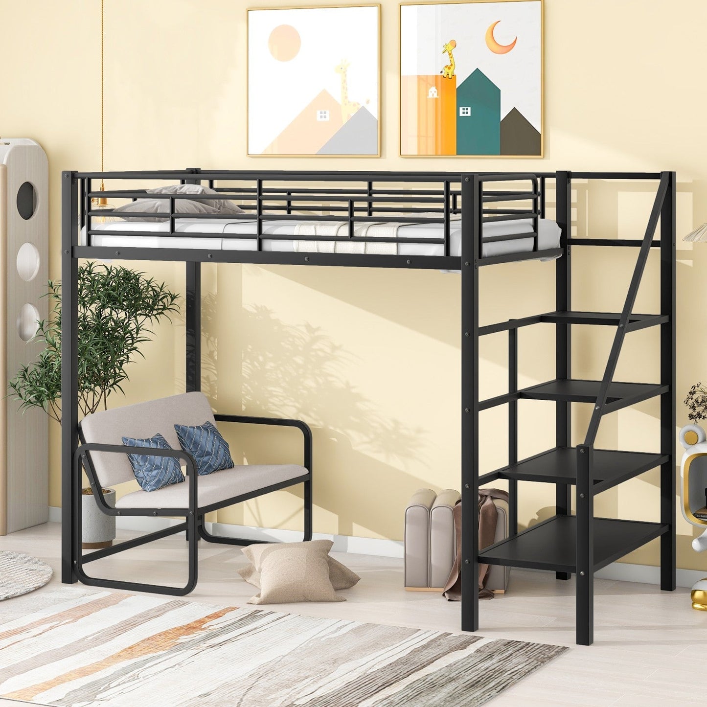 Twin Size Metal Loft Bed with Bench and Storage Staircase