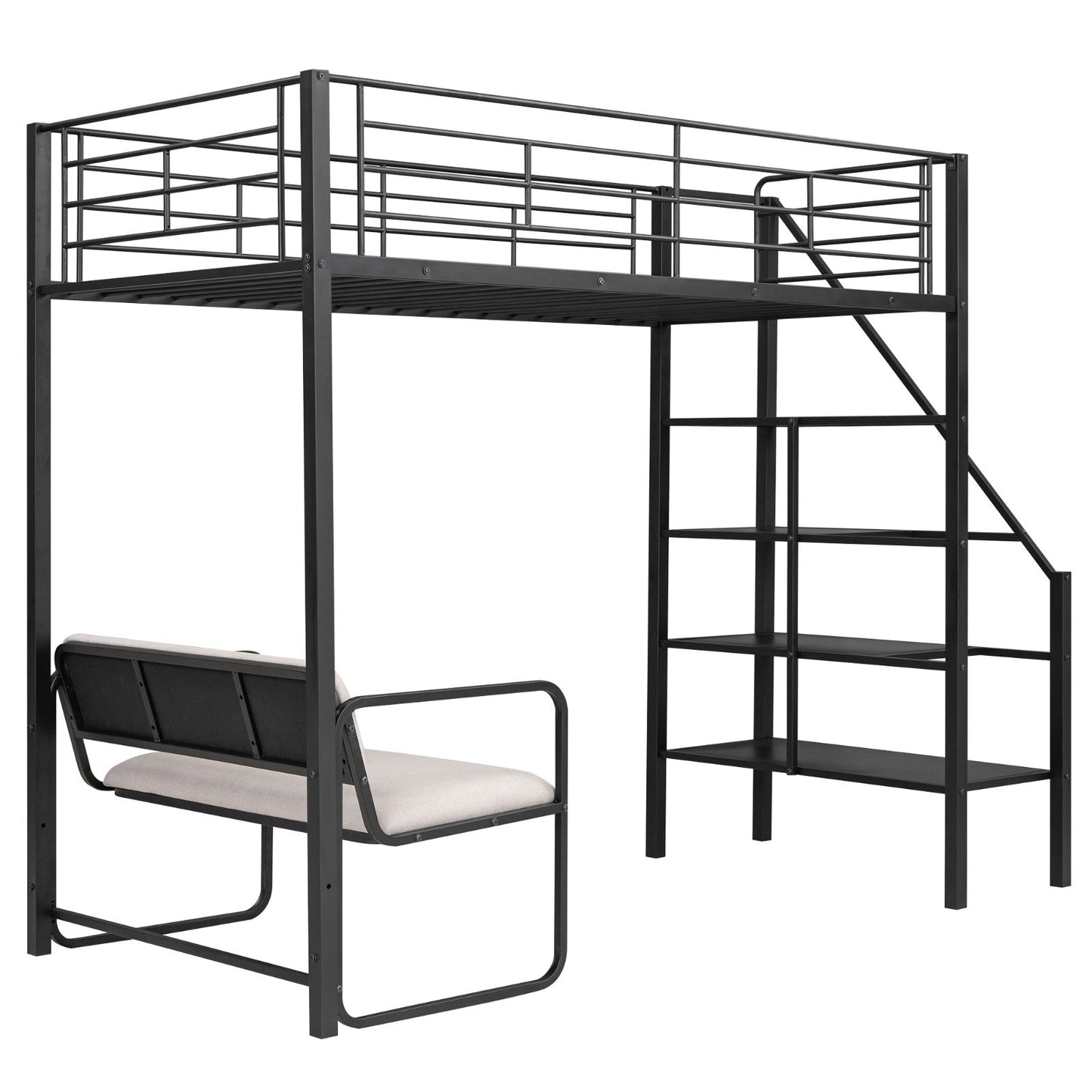 Twin Size Metal Loft Bed with Bench and Storage Staircase