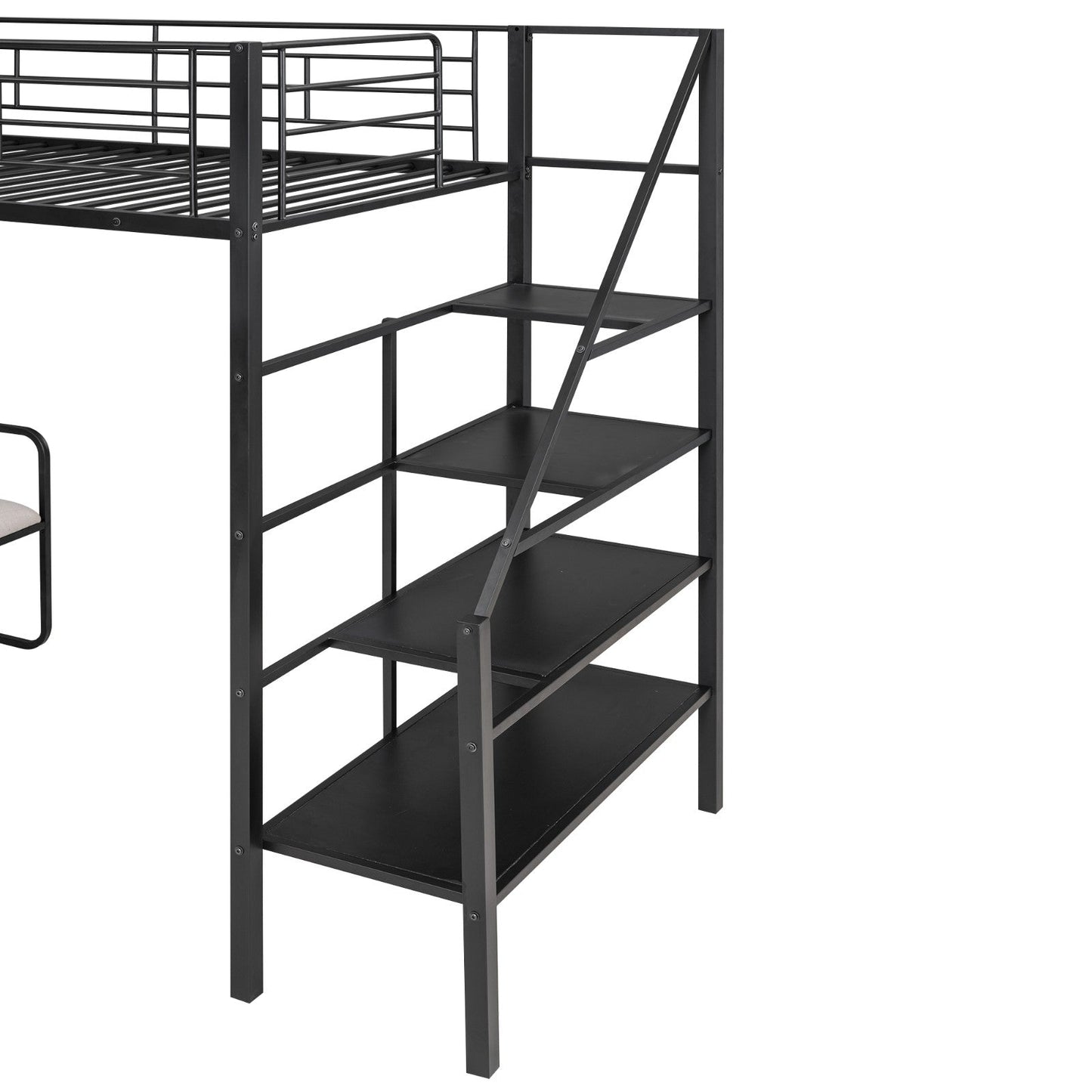 Twin Size Metal Loft Bed with Bench and Storage Staircase