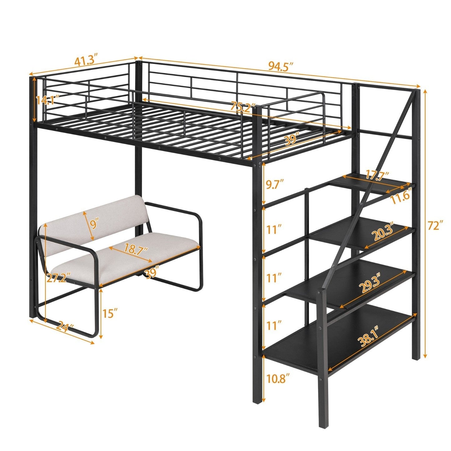 Twin Size Metal Loft Bed with Bench and Storage Staircase