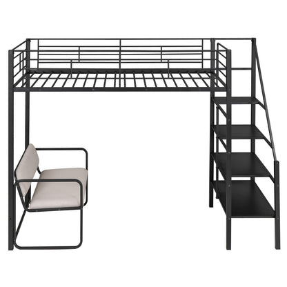 Twin Size Metal Loft Bed with Bench and Storage Staircase