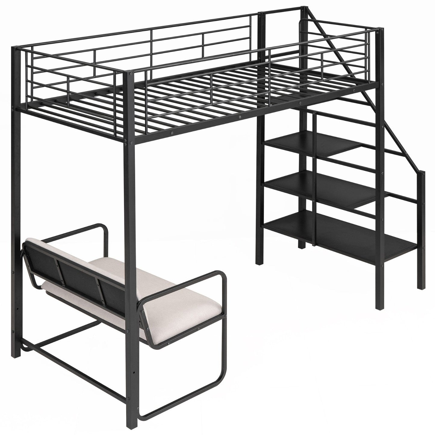 Twin Size Metal Loft Bed with Bench and Storage Staircase